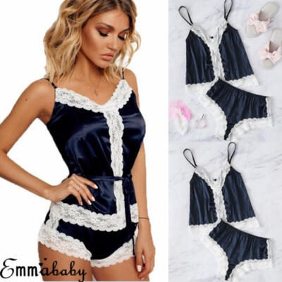 

Summer Women Sexy Pajamas Silk Pjamas Sleepwear Deep V Lace Trim Lingerie Set