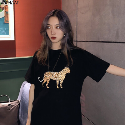 

Womens Korean Style Round Neck Cartoon Cheetah Print Short Sleeve Loose T-Shirt