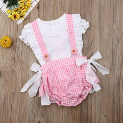 

Newborn Baby Girl White T-shirt Plaids Overalls Shorts Dress 2pcs Outfits Set