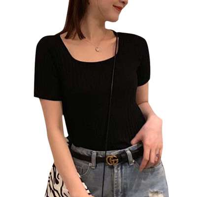 

Women Summer Concise Solid Color T Shirt U-shape Collar Short Sleeve Slim Fit T-shirts