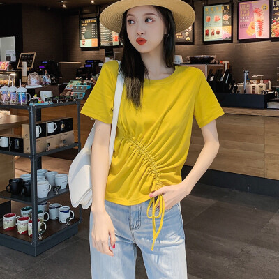 

Fashion Slim Drawstring Design Womens Tees Simple Casual Solid Color Short Sleeve Round Neck Tops