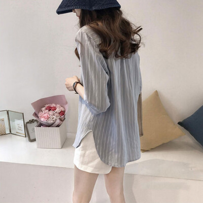 

Women Ladies V-Neck Buttons Casual Blouse Half Sleeve Striped Shirt Tops Plus