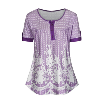 

Womens Round Neck Short Sleeve Tops Buttons Printed T Shirt Summer Retro Blouse