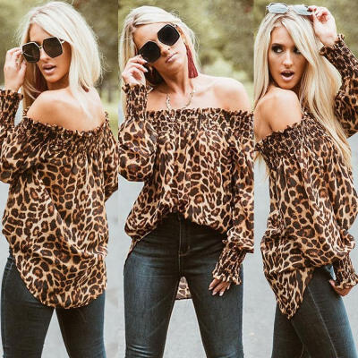 

Women Lady Casual Shirt Off Shoulder Leopard Print Blouse Long Sleeve Tops