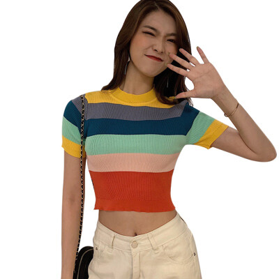 

Women Rainbow Striped Crop Top Summer Short Sleeve O Neck Korean Slim Knitted T-shirt camiseta feminina Harajuku Tshirt