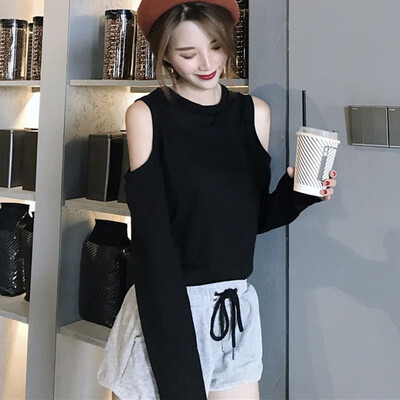 

Autumn T-shirt Women Long-sleeve Tops Streetwear Off Shoulder White Leisure T shirts Aesthetic Harajuku Solid Color Tee