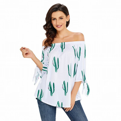 

One-neck long-sleeved stretch vintage printed shoulder-length casual top