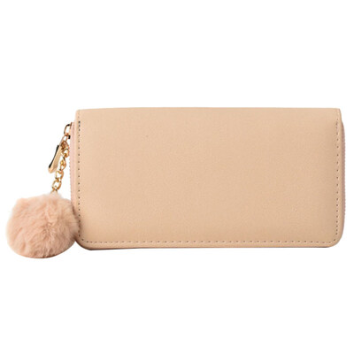 

Solid Color Women Faux Leather Long Wallet Pompom Zip Clutch Card Holder Purse