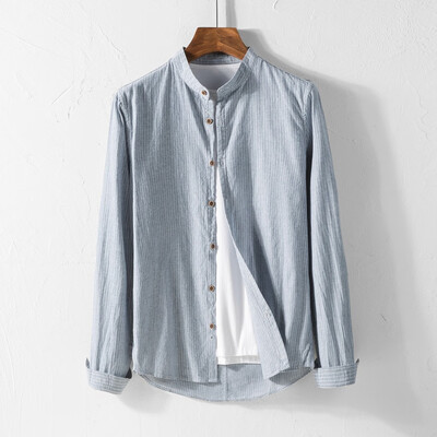 

Toponeto Mens Causal Shirt Long Sleeve Top Button Cotton Linen Solid Color Loose Blouse