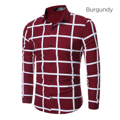

Fashion Plaid Geometric Pattern Mens Shirt Casual Slim Long Sleeve Base Shirt Tops