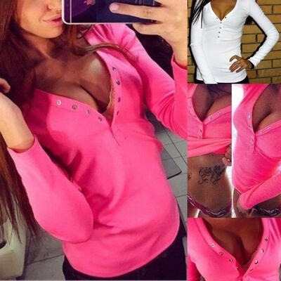 

Sexy Womens Button V-neck Long Sleeve Casual Slim Blouse Loose Top T-Shirt SML