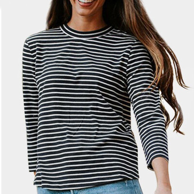 

women wild striped t-shirt female casual o-neck Back button design T shirt basic Long Sleeve Tee top feminina