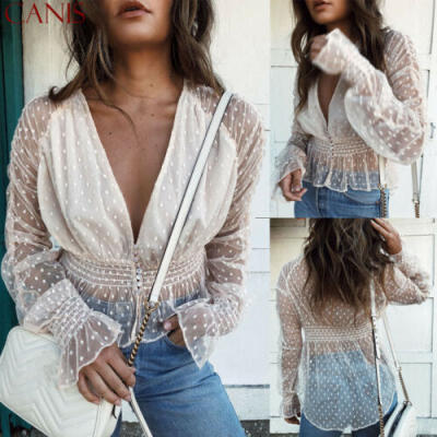 

Women Puff Sleeve Polka Dot Casual Loose Party See Through T-shirt Tops Blouse