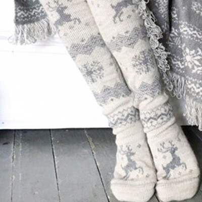 

Fashion Womens Casual warm Soft Elk Xmas printed Over knee Long Socks Stockings
