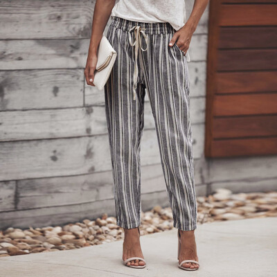 

Women Striped Printed Drawstring Elastic Long Pants Stripped Pencil Trousers