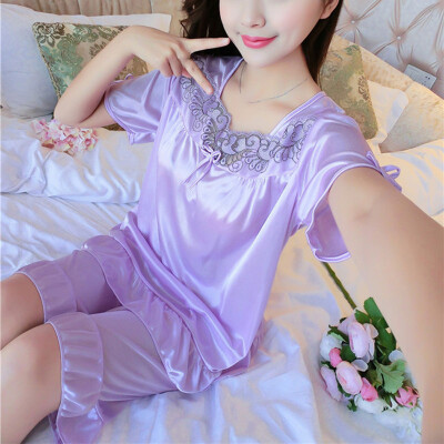 

Summer Women Sexy-Lingerie Sleepwear Faux Silk Tops Shorts Nightwear Pajamas Set