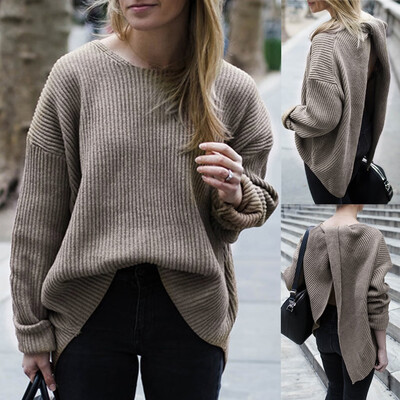 

〖Follure〗Womens Long Sleeve Pullover Plus Size Solid Irregular Sweater Knitted Top Blouse