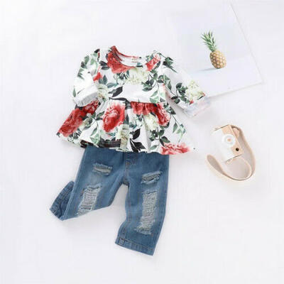 

Kids Baby Girls Clothes Toddler Floral Tops Shirt Ripped Jeans Pants Outfit