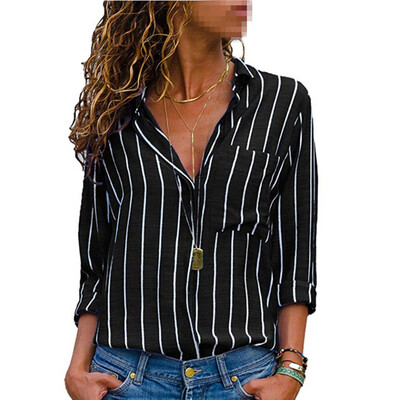 

Womens Lapel Long Sleeve Tops Casual Stripe Print Blouse Business T-shirt