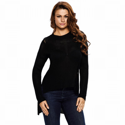 

Round neck long sleeve front short long long hollow cotton knit straight sweater