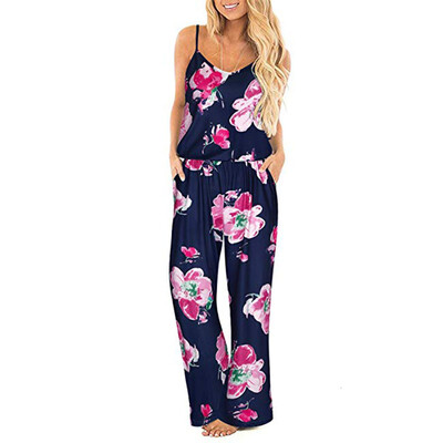 

Starmoon Women Summer Sexy Strap O Neck Print Waistband Lace-up Long Pants Jumpsuits