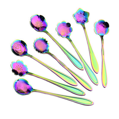 

8PCS Gold Plating Stainless Steel Rainbow Color Flower Shape Mirror Surface Tea Coffee Spoon