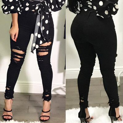 

〖Follure〗Women High Waisted Skinny Elastic Denim Pants Holes Broken Pencil Jeans