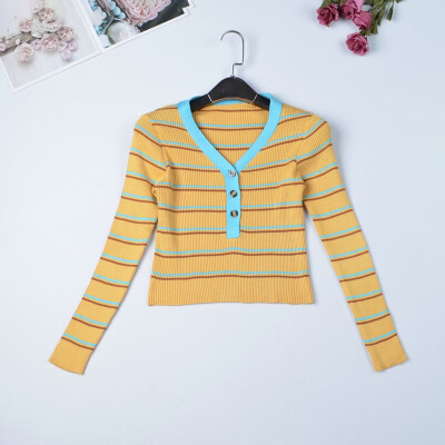 

Retro chic womens sweaters striped v neck korean style ladies slim fit jumpers autumn female clothes pull pullover