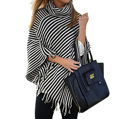 

Roseonmyhand Women Diagonal Striped High Collar Fringed Cloak Sweater Shawl