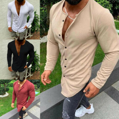 

Mens Long Sleeve Loose Casual Cotton Linen Button Blouse Fitted Tee Top T-shirts