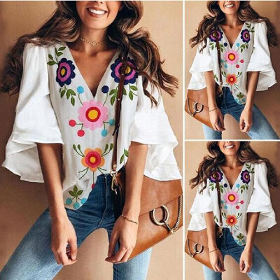 

Europe&the United States foreign trade womens 2019 summer new Korean version of the large size trumpet sleeve printing T-shir