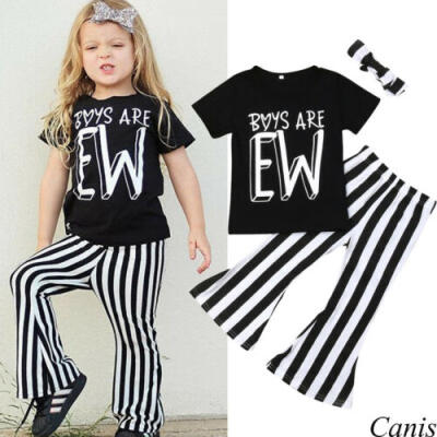 

UK Kids Baby Girl T-shirts Tops Striped Bell-Bottomed Pants 3Pcs Sunsuit Outfits