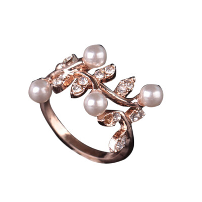

2019 New Sale New&Fashion Korean Pearl Leaf Flower Ring Opening Ring Can Be Adjusted