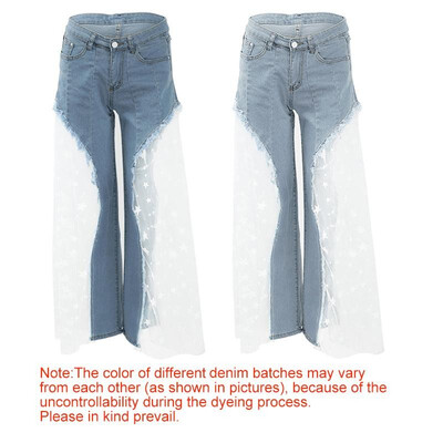 

Sexy Women Splice Wide Leg Denim Pants Sheer Mesh Stars Print High Waist Loose Pants Jeans