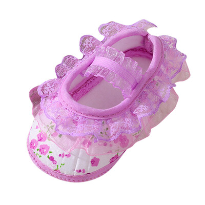 

Newborn Baby Girl Soft Shoes Soled Lace Floral Printed Footwear Crib Shoes