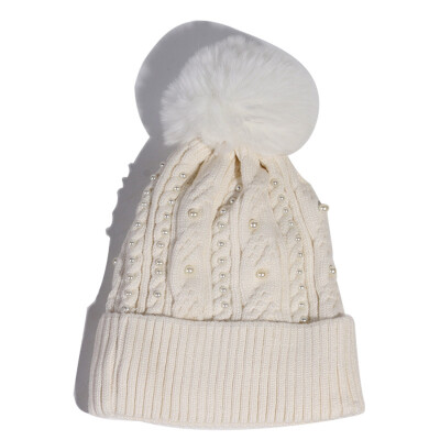 

Hats ladies autumn&winter Korean version pearl wool cap thickened&fluffy ball hood outdoor warm knit cap tide