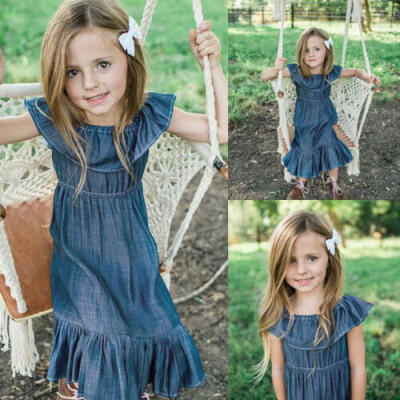 

Summer Kids Baby Girls Princess Dress Toddler Denim Off Shoulder Skirt Sundress