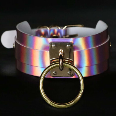 

Trendy Holographic Choker Necklace Women Leather Chocker Handmade Laser Chocker Rainbow Punk Gothic Necklace