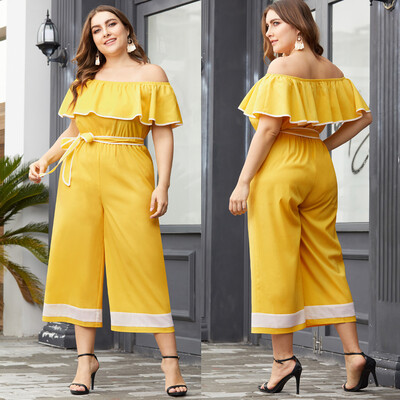 

Starmoon Womens Plus Size Ruffled Slash Neck Sling Contrast Color Wide Leg Jumpsuit
