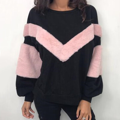 

2019 Autumn Winter Fashion Women Splice V type Plush O-neck Long sleeves Loose Sweatshirt