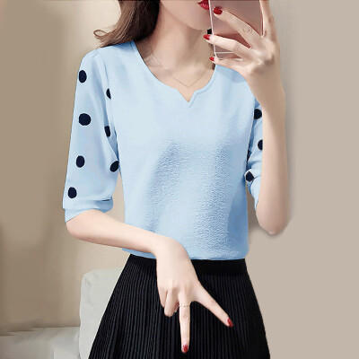 

Women Polkadot Printed V-neck Casual Loose Tops Shirt Plus Size Vintage Blouse