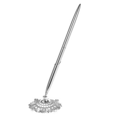 

Alloy Wedding Guest Signature Pen & Hollow Round Pen Holder Set for Wedding Engagement Bridal Shower--Silver