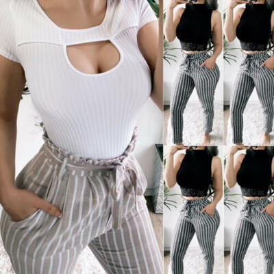 

Womens Cotton Linen Elastic Waist Vintage Pants Trousers Casual Harem Striped