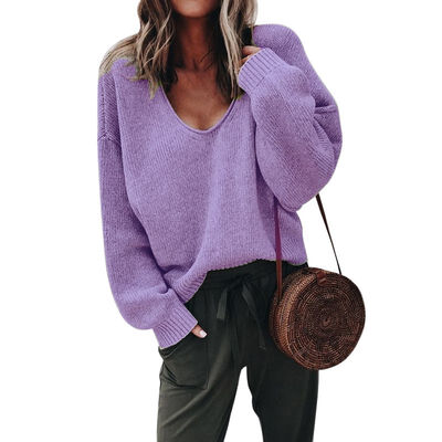 

Women Casual Knitted V-Neck Loose Sweater Long Sleeve Pullovers Solid Color New Autumn Winter Fashion Womens Warm Tops