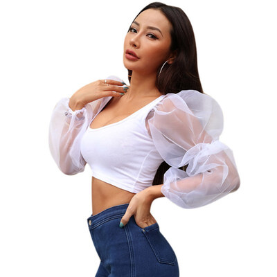 

Women Sexy Short Mesh Stitching Solid Color Long Sleeved Vest Summer Casual Umbilical Tops