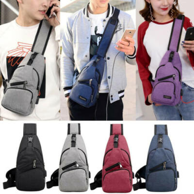 

Mens Shoulder Bag Sling Chest Pack Canvas USB Charging Sports Crossbody Handbag
