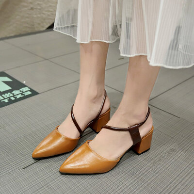 

One-word-band sandals fairy wind high heel summer fashion Baitao pointed thick heel two wear sandals
