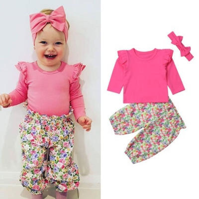 

3PCS Toddler Baby Kids Grils Cute Long Sleeve T-shirt TopsFlower Long Pants Trousers Headbands Outfits Clothes