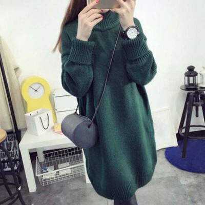 

Women Autumn Winter Turtleneck Long Knitted Tops Pullover Sweater Dresses Warm