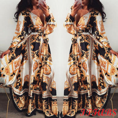 

Sexy Women Long Sleeve V Neck Floral Boho Vintage Maxi Dress Holiday Beach Dress